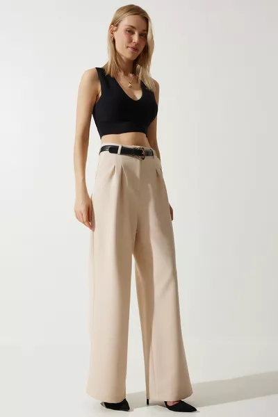 Cremefarbene maskuline gewebte Damenhose mit weitem Bein 