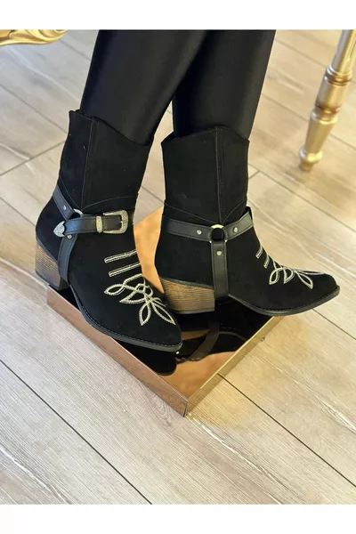 Stivali da cowboy con tacco con stampa floreale in pelle scamosciata nera da donna