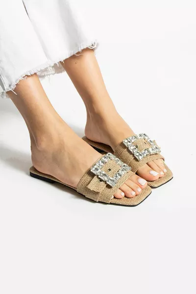 SANDALI DONNA ELENA STRAW STONE BUCKLE DETAIL -TEN