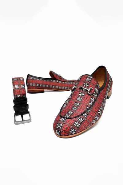Echtes Leder Rot Weiß Karierte Kette Detail Herren Leinen Schuhe und Gürtel Set 