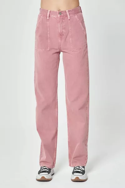 Diana rose clair appliqué poche détaillée taille haute papa jean à fermeture éclair coupe droite C 