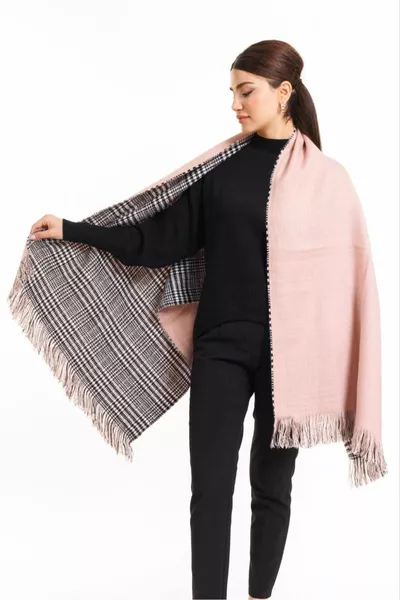 Двустранен кариран вълнен шал за рамо - см - Зимен шал