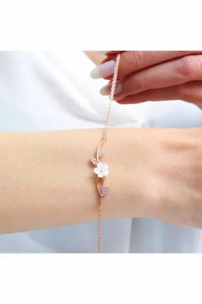 Women's Rose Color Magnolia Flower Passion Silver Bracelet