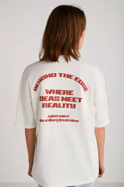 Arcadıa Women's Back And Front Lettering Detailed Ecru/Red T-shirt