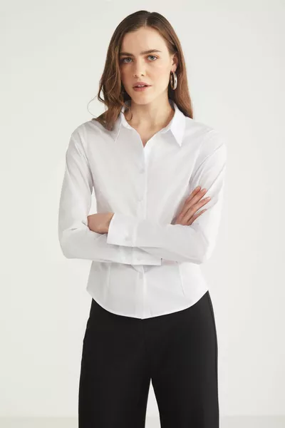 Evangelıne Women's Slim Fit Slim Fit Slim Fit Pocketless Long Sleeve Poplin White Shirt