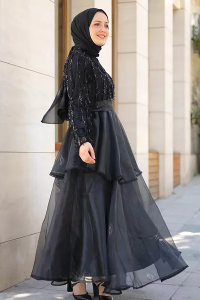 Amanda Organza Pailletten Geborduurde Avondjurk - Zwart