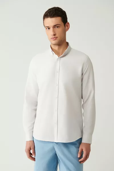 Erkek Gri Düğmeli Yaka Kolay Ütülenebilir Pamuklu Oxford Gömlek 