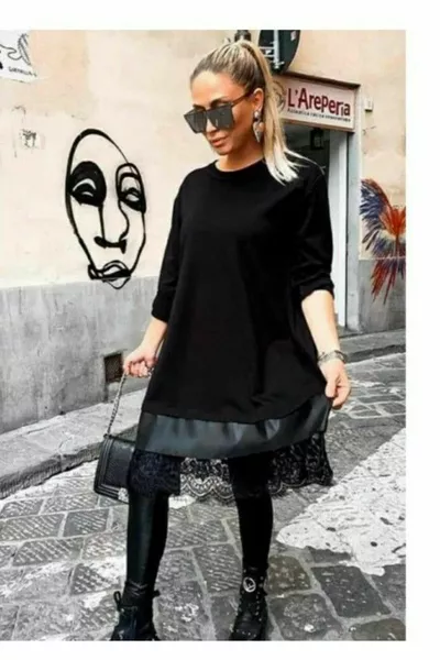 Дамска дантела с кръгло деколте и кожен детайл Мини рокля с две нишки