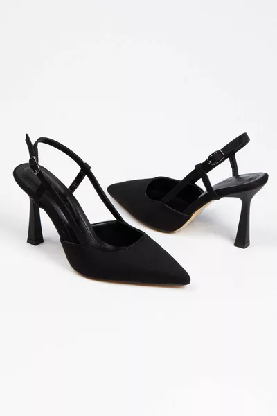 Черни сатенени токчета с отворен гръб