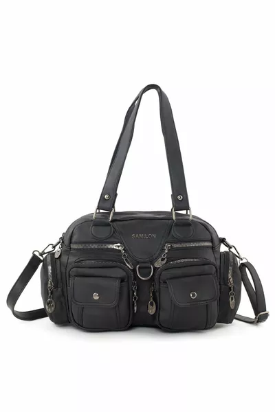 Samılon حقيبة كتف وذراع جلدية سوداء متعددة الحجرات للسيدات