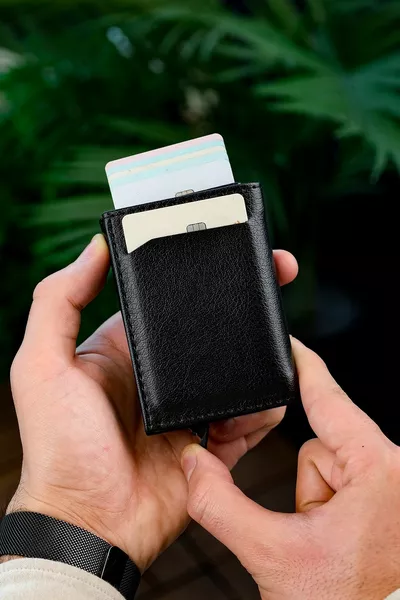 التلقائي آلية الجلود محفظة حامل بطاقة محفظة أسود