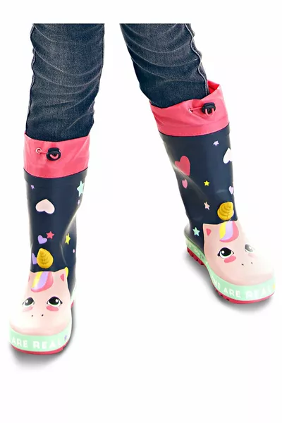 قلب يونيكورن بنات الأزرق الداكن أحذية المطر المرنة