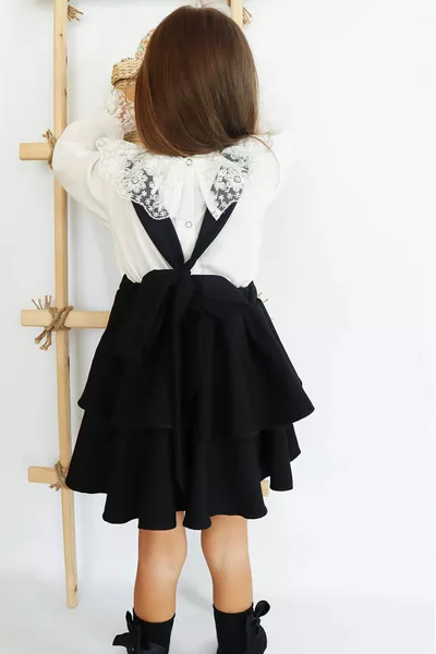 الفتيات هيلين الأسود حزام ملزمة جيليت أكتوبر اللباس Ecru الرباط طويلة الأكمام بلوزة مجموعة