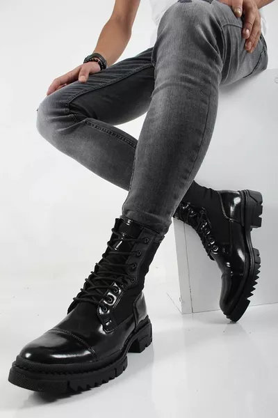 أحذية بريدية عسكرية سوداء لامعة للرجال مع الصوف