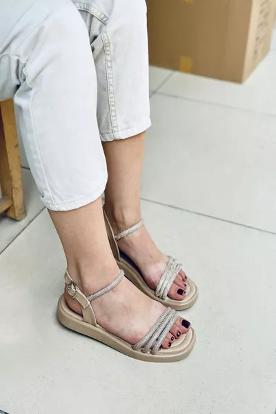  Skin Leather Stone Padded Heel Women Sandals