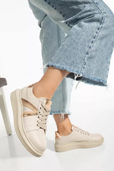 Baskets femme nude avec peau Glossy Stripe Semelle ballon à lacets