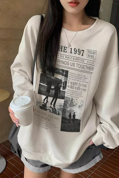 نسائي أوف وايت كريم Ecru  مطبوع 0 صفر رقبة كبيرة الحجم رث فضفاض صالح الصوف قميص من النوع الثقيل