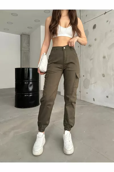 الكاكي جيب البضائع السراويل النسيج جبردين