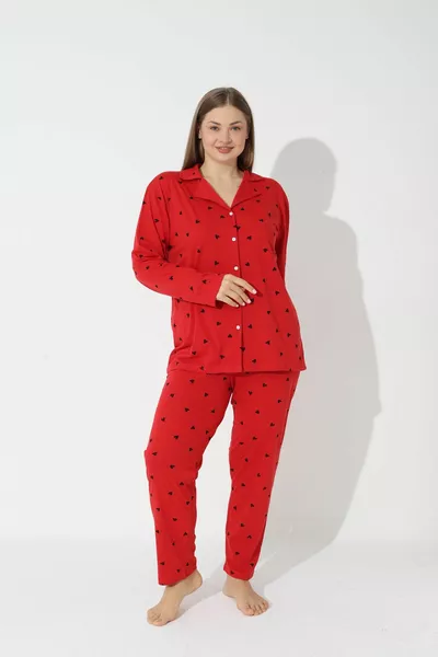 Red Curve Plus Size Buttoned Cotton Pajama Set