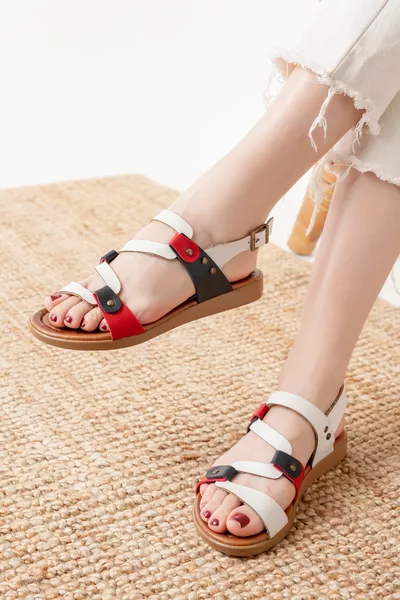 Genuine Leather Şahmeran Tan Garni Strap Adjustable Flat Sole Women's Sandals