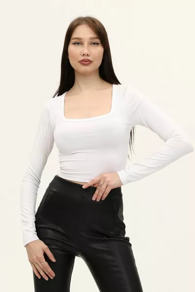 Weiße langärmelige Crop-Bluse mit quadratischem Ausschnitt für Damen