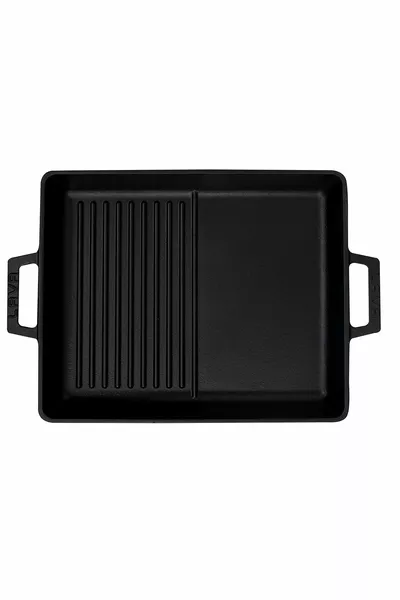 Gietijzeren rechthoekige hybride grillpan, gietijzeren unibody dubbele handgreep afmeting cm.