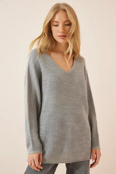 نسائي رمادي برقبة V ثيسالونيكي محبوك سترة محبوكة كبيرة الحجم 