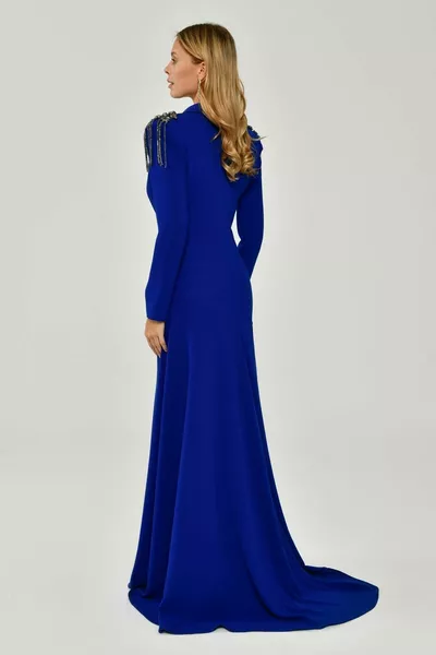 Long Sleeve Deep V-Neck Dress with Chain Epaulettes on the Shoulders