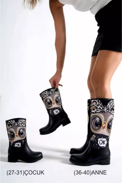 Anne Kız Kombin Baykuş Baskılı Peluşlu Su Geçirmeyen Yağmur Çizmesi