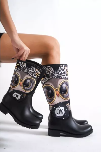 Anne Kız Kombin Baykuş Baskılı Peluşlu Su Geçirmeyen Yağmur Çizmesi