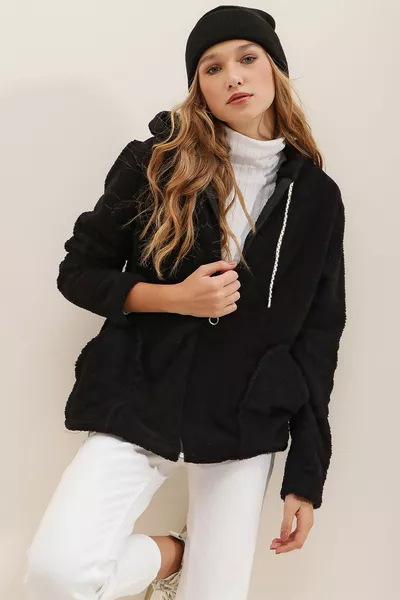 Zwart oversized pluche sweatshirt met capuchon en dubbele zak voor dames met ritssluiting aan de voorkant 