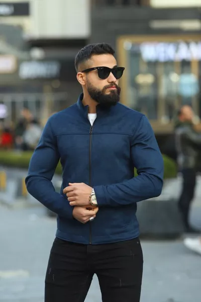 الرجال الأزرق الداكن من جلد الغزال الربيع جاكيت