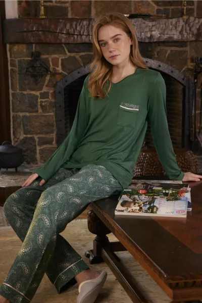 مجموعة بيجامة الزمرد الأخضر الموسمية الطبيعية فسكوزي النسيج المهر المرأة بيجامة مجموعة