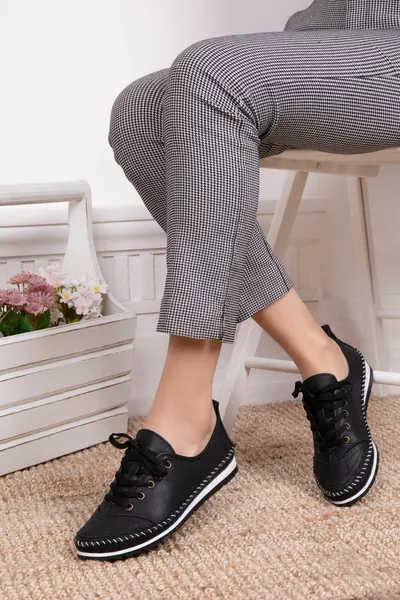 Cuir véritable Noir Femmes Cuir Casual Chaussures 