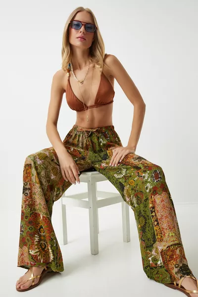 المرأة بلاط الكاكي منقوشة دراب فيسكوز بنطلون بالازو 