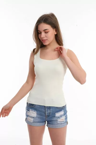 Women's Bone Color Square Collar Strap Knit Blouse Tank Top