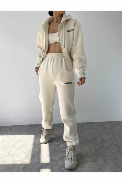 Ensemble de survêtement crème zippé imprimé Wrst pour femme