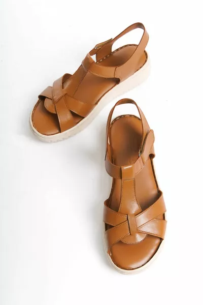 SANDALI DA DONNA COMFORT IN VERA PELLE MARRONE CHIARO 