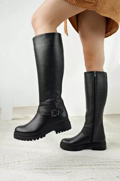 Bottes longues décontractées en cuir véritable pour femmes 