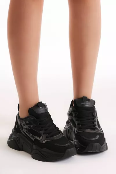 Women's Black Poly Sole Side Stripe Detailed High Sole Sneaker