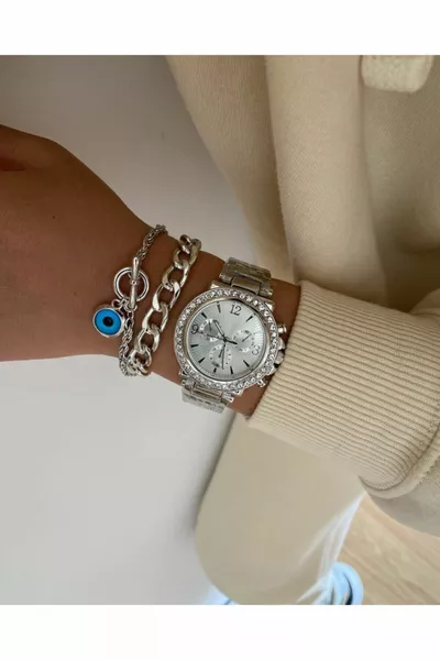 Damen Silberne Stahlgehäuse Stone Analog Classic Armbanduhr