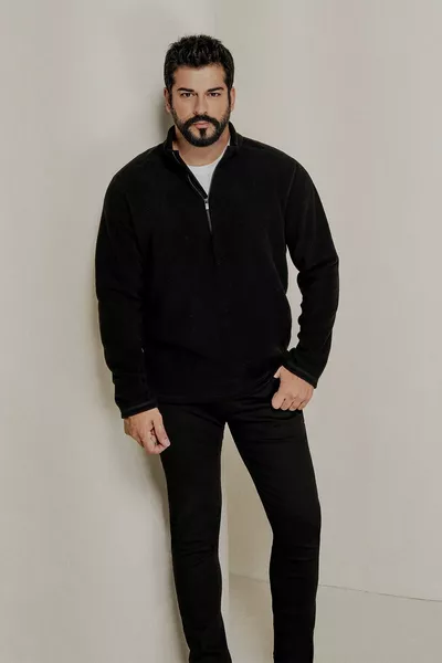 Мужская черная анти-пиллинг без пиллинга стандартная посадка воротник-стойка холодостойкая флисовая толстовка