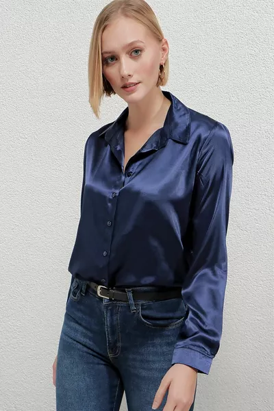 Women's Navy Blue Lightweight Flowy Satin Surface Shirt 