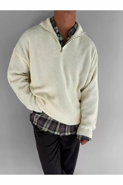 Maglione Oversize Half Zipper Beige da Uomo