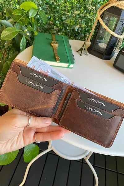 Лале - състарен мъжки портфейл от естествена кожа, естествен тънък класически кафяв портфейл, изработка на високо ниво на детайли