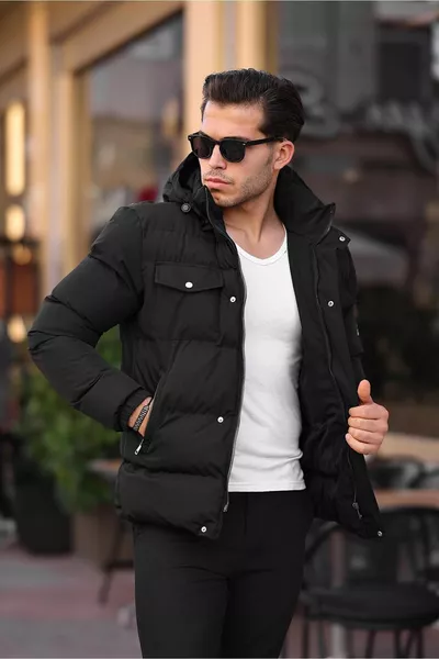 Cappotto da uomo nero gonfiabile invernale a prova di freddo invernale con pelliccia all'interno