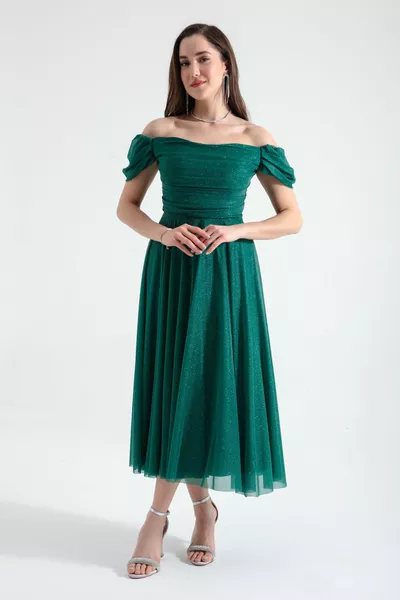 المرأة الزمرد الأخضر قارب الرقبة رايات ميدي فستان سهرة واسعة