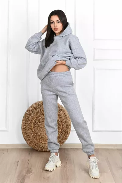 Обикновен базов анцуг Суитшърт Джоггер - Сив оверсайз с качулка