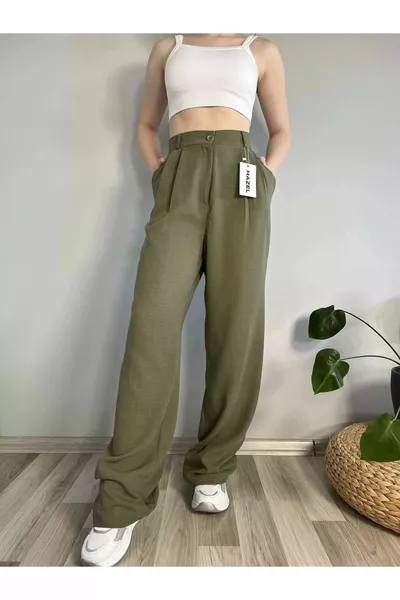 المرأة الكاكي عالية الخصر الكتان السراويل Palazzo