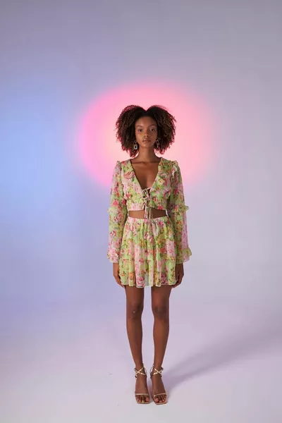 الأزهار منقوشة مطاط عالية الخصر تنورة صغيرة فلورا الأخضر